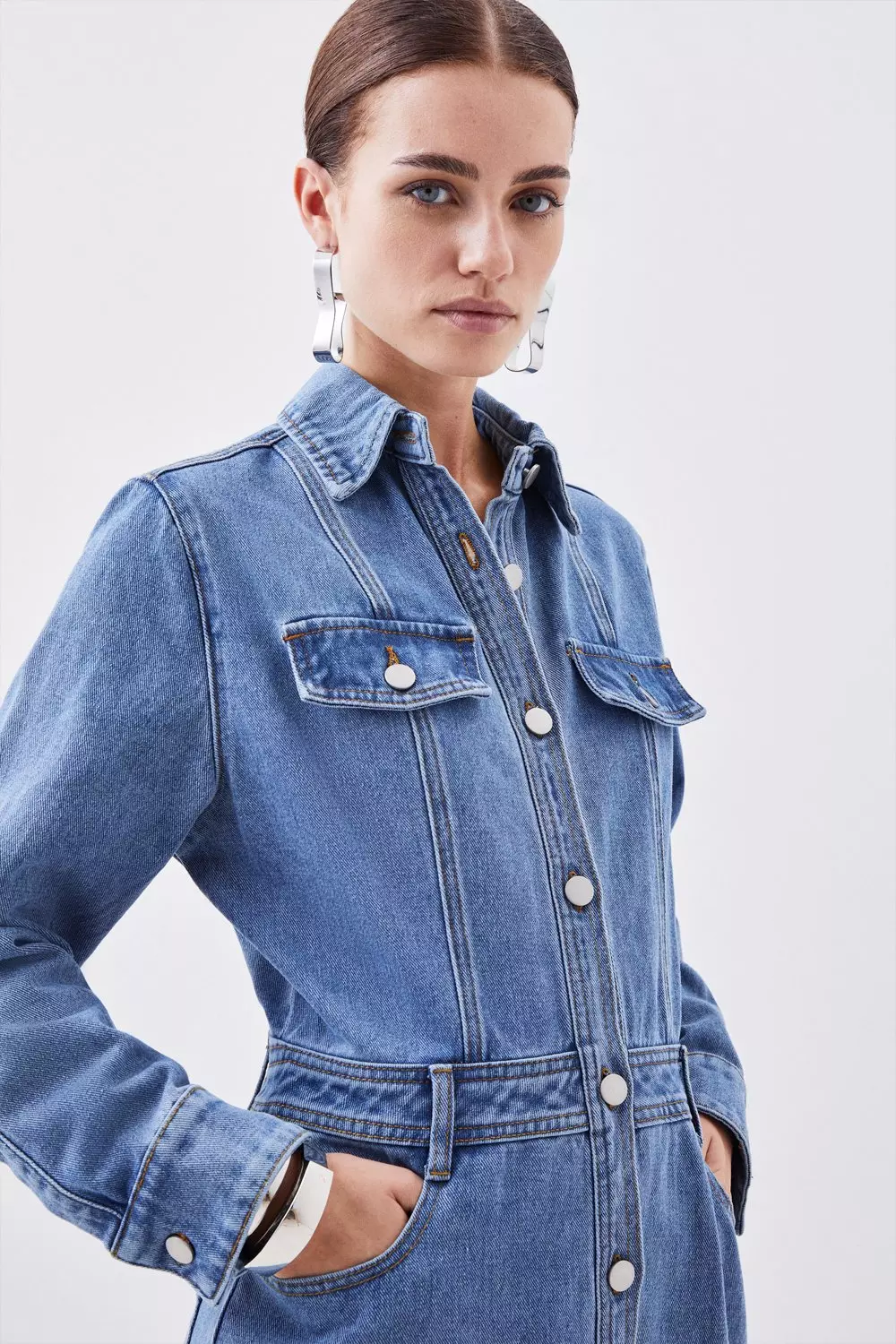 Petite Denim Long Sleeve Midi Shirt Dress | Karen Millen